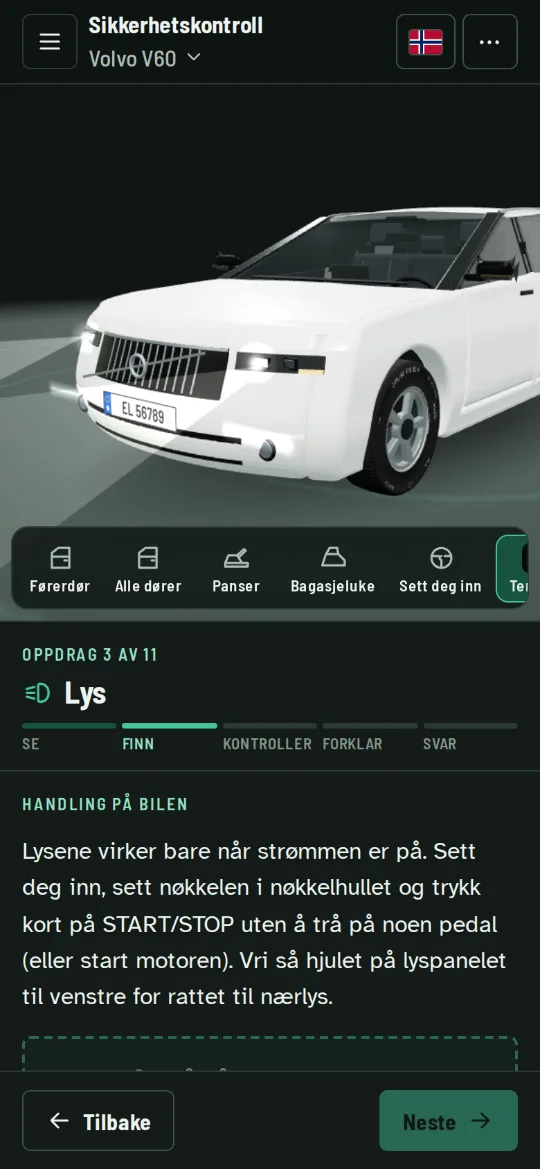 Lysene foran på en Volvo V60 i 3D