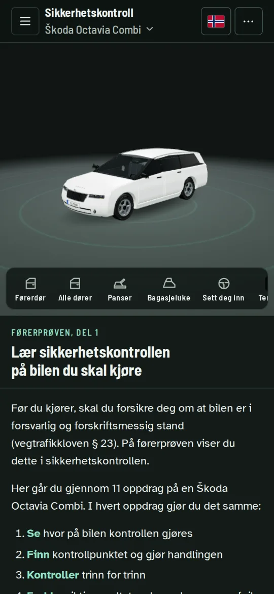 Appen viser en 3D-modell av en Škoda Octavia og introduksjonen til sikkerhetskontrollen